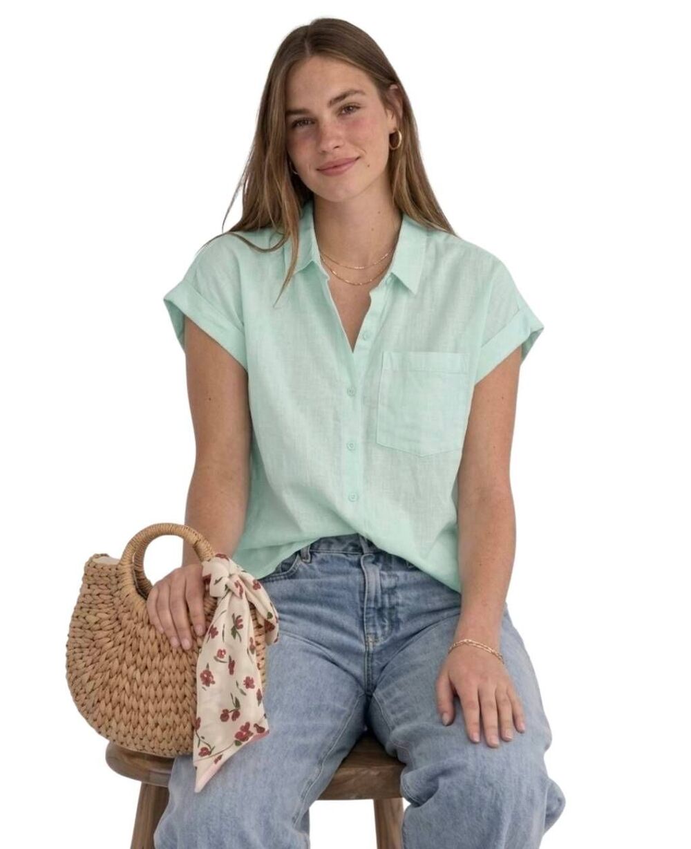 Emily Daniels Mint Green Linen Blend Short Sleeve Button Down Shirt Size L